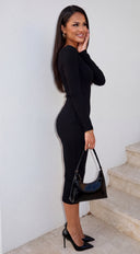 Velmora Snatched Ribbed Boat Neck Midi Dress - Black