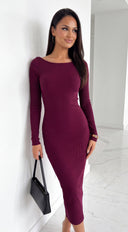Velmora Snatched Ribbed Boat Neck Midi Dress - Wine