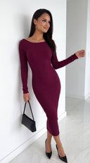 Velmora Snatched Ribbed Boat Neck Midi Dress - Wine