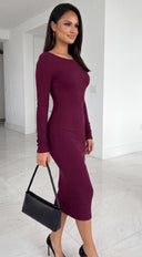 Velmora Snatched Ribbed Boat Neck Midi Dress - Wine