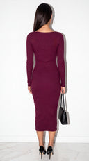 Velmora Snatched Ribbed Boat Neck Midi Dress - Wine