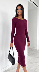 Velmora Snatched Ribbed Boat Neck Midi Dress - Wine