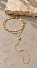 Pearl Flower Layered Hand Chain Bracelet - Gold