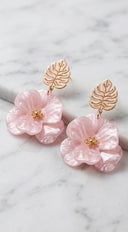 Faya Tropical Leaf Flower Drop Earrings - Pink