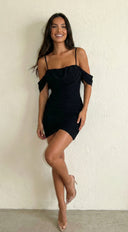 Milan After Hours Mesh Mini Dress in Black full length front view on model