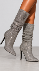 Krystal Rhinestone Ruched Heeled Boots - Gunmetal Silver