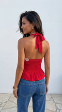 Valette Polka Dot Lace Halter Top - Red