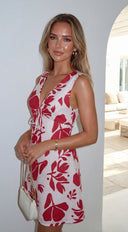 Lunavie Floral Tie Front Mini Dress in Pink hemline and silhouette detail