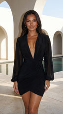 Deniz Surplice Mini Dress in Black close-up of neckline and shoulder detail
