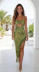 Vipera Snake Print Cutout Maxi Dress - Green