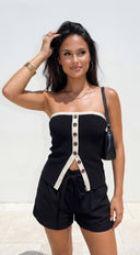 Montera Contrast Button Knit Tube Top - Black