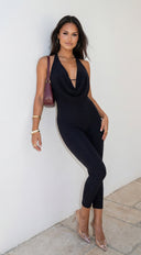 Selena Cowl Halter Capri Jumpsuit - Black