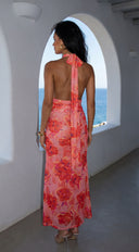 Sirenya Tropical Floral Halter Maxi Dress - Coral Pink