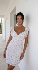 Roselette Ditsy Floral Flutter Mini Dress - White
