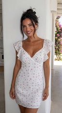 Roselette Ditsy Floral Flutter Mini Dress - White