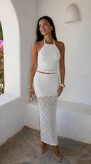 Mykonia Textured Crochet Halter Maxi Set - Cream White