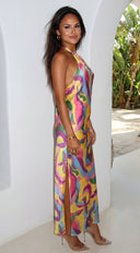 Joviana Abstract Halter Satin Maxi Dress - Yellow Multi