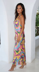 Joviana Abstract Halter Satin Maxi Dress - Yellow Multi
