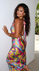 Joviana Abstract Halter Satin Maxi Dress - Yellow Multi