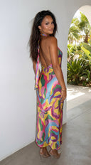 Joviana Abstract Halter Satin Maxi Dress - Yellow Multi