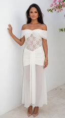 Elarisse Lace Mesh Maxi Dress - Cream White