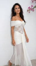 Elarisse Lace Mesh Maxi Dress - Cream White