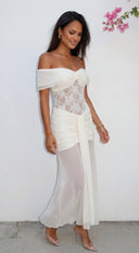 Elarisse Lace Mesh Maxi Dress - Cream White