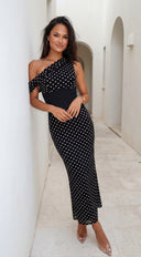 Moneté Polka Dot One Shoulder Maxi Dress - Black