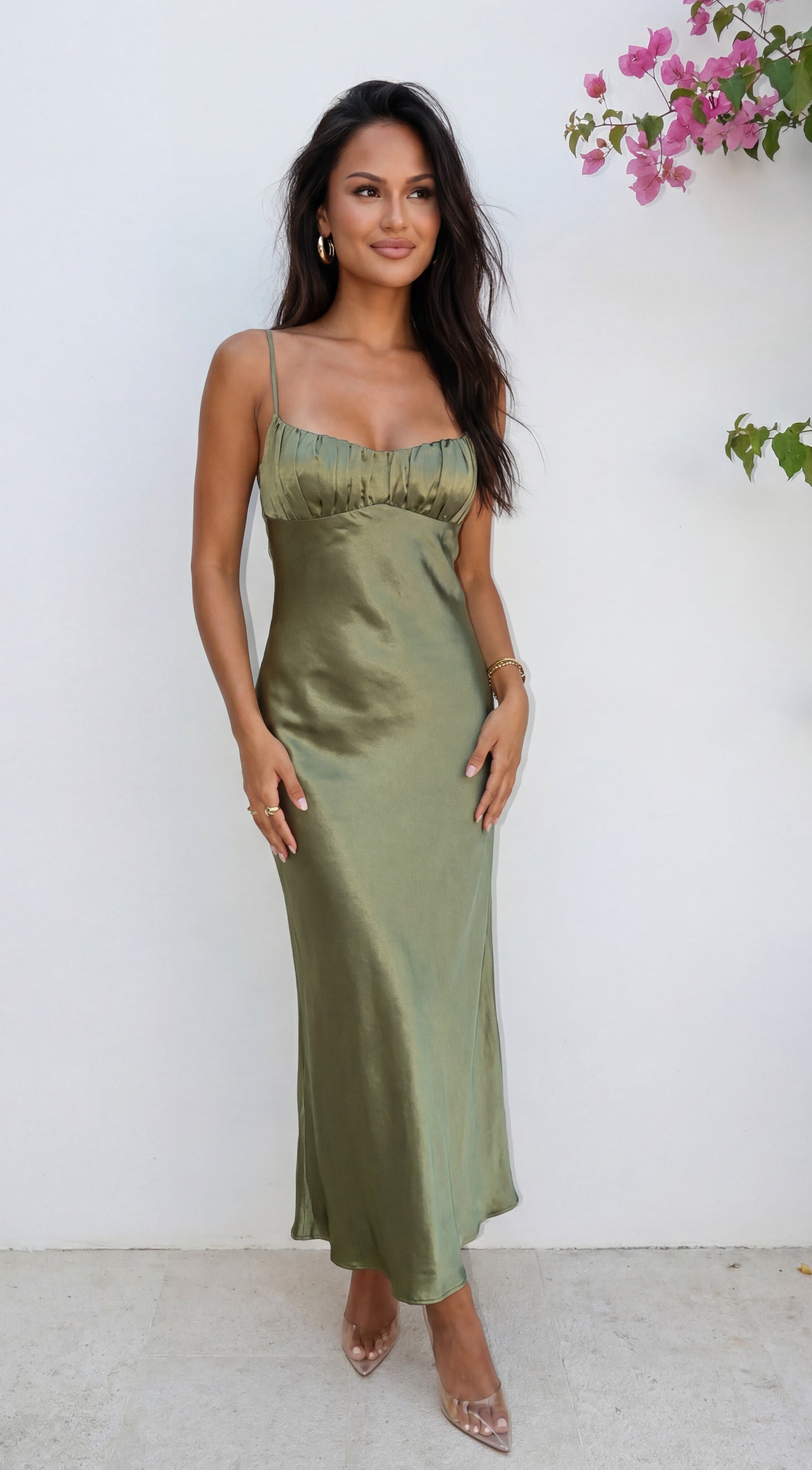 olive green satin maxi dress Maxi Dress Olive Long Dress Elio Strapless Satin Maxi Dress Size 4