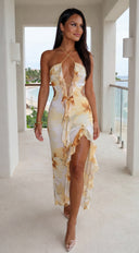 Violessa Floral Ruffle Cutout Maxi Dress - Yellow Multi