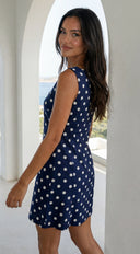 Norah Polka Dot Linen Blend Mini Dress - Navy Blue