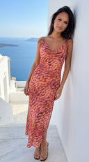 Kaielle Cowl Neck Multi Color Maxi Dress - Orange Brown Multi