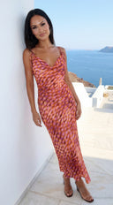 Kaielle Cowl Neck Multi Color Maxi Dress - Orange Brown Multi