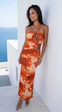 Nalani Floral Beaded Cut Out Maxi Dress - Orange Multi