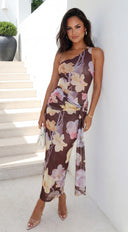 Kendra One Shoulder Floral Maxi Dress - Brown Multi