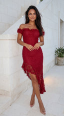 Valentia Lace Hi-Low Maxi Dress - Red