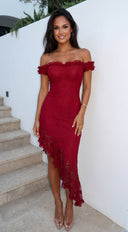 Valentia Lace Hi-Low Maxi Dress - Red