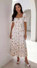 Lunaria Floral Midi Dress - Ivory White