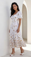 Lunaria Floral Midi Dress - Ivory White