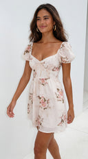 Juliette Floral Corset Mini Dress - Cream Beige Multi