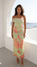 Petaluxe Off Shoulder Floral Print Maxi Dress - Light Green Multi