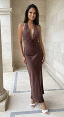 Mocha Muse Polka Dot Satin Maxi Dress - Brown