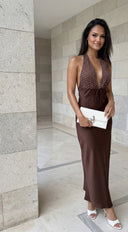 Mocha Muse Polka Dot Satin Maxi Dress - Brown