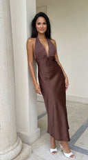 Mocha Muse Polka Dot Satin Maxi Dress - Brown