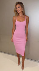 Sana Ribbed Side Slit Cami Midi Dress - Pink