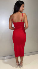Sana Ribbed Side Slit Cami Midi Dress - Red