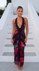 Lorevia Floral Rosette Halter Maxi Dress - Purple Multi
