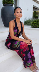 Lorevia Floral Rosette Halter Maxi Dress - Purple Multi
