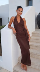 Helena Halter Wrap Maxi Dress - Brown