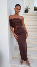 Cocoa One Shoulder Lace Detail Maxi Dress - Brown